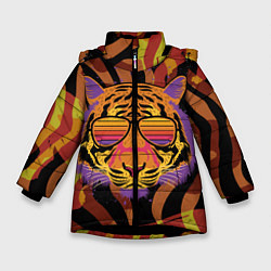 Куртка зимняя для девочки Крутой тигр в очках ретро, цвет: 3D-черный