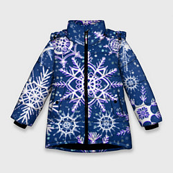 Куртка зимняя для девочки Белые снежинки на темно-синем фоне, цвет: 3D-черный