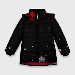 Куртка зимняя для девочки КРАСНО БЕЛЫЕ СНЕЖИНКИ НА ЧЁРНОМ ФОНЕ, цвет: 3D-красный