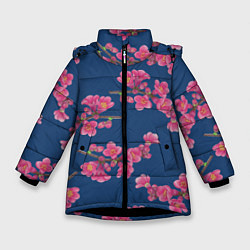 Куртка зимняя для девочки Веточки айвы с розовыми цветами на синем фоне, цвет: 3D-черный