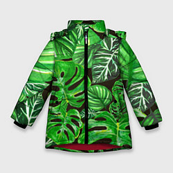 Куртка зимняя для девочки Тропические листья на темном фоне, цвет: 3D-красный