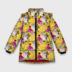 Куртка зимняя для девочки Подсолнухи и цветы, цвет: 3D-красный