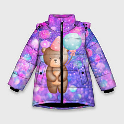Куртка зимняя для девочки День Рождения - Медвежонок с шариками, цвет: 3D-черный