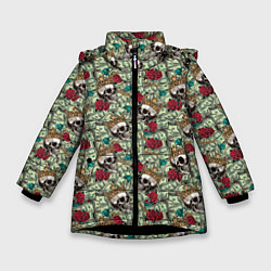 Куртка зимняя для девочки Доллары, Розы, Бриллианты, Золотые Цепи, Черепа, цвет: 3D-черный