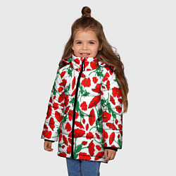 Куртка зимняя для девочки Цветы Красные Маки на белом фоне, цвет: 3D-черный — фото 2