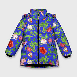 Зимняя куртка для девочки Цветочки - синий фон - паттерн
