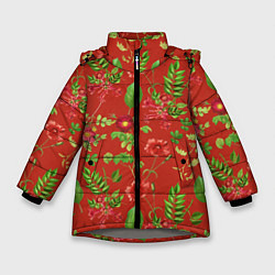 Зимняя куртка для девочки Паттерн из листьев на красном фоне