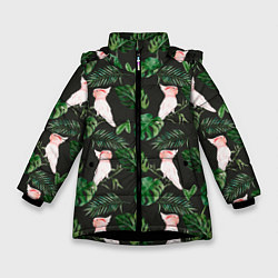 Куртка зимняя для девочки Белые попугаи и листья, цвет: 3D-черный