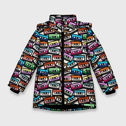 Куртка зимняя для девочки Ретро Музыка Аудиокассеты, цвет: 3D-черный