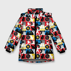 Куртка зимняя для девочки Рок-н-ролл, винил, запись музыки, цвет: 3D-светло-серый