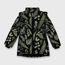 Зимняя куртка для девочки Зелёные листья папоротника на черном фоне