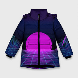 Куртка зимняя для девочки Закат розового солнца Vaporwave Психоделика, цвет: 3D-черный