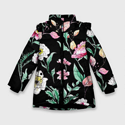 Зимняя куртка для девочки Цветы Нарисованные от Руки