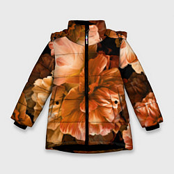 Куртка зимняя для девочки Цветы Пионы, цвет: 3D-черный
