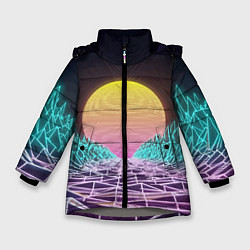 Куртка зимняя для девочки Vaporwave Закат солнца в горах Neon, цвет: 3D-светло-серый