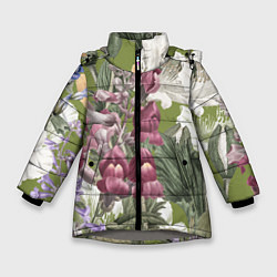 Куртка зимняя для девочки Цветы Ностальгический Весенний Узор, цвет: 3D-светло-серый