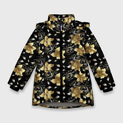 Зимняя куртка для девочки Золотые цветы на черном фоне