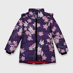 Куртка зимняя для девочки Цветы Розовые На Фиолетовом Фоне, цвет: 3D-красный