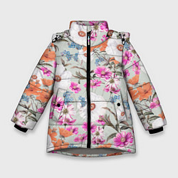 Куртка зимняя для девочки Цветы Аргемоны и Герберы, цвет: 3D-светло-серый