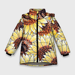 Куртка зимняя для девочки Подсолнухи рисунок паттерн, цвет: 3D-светло-серый