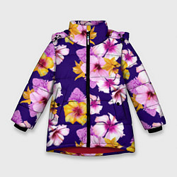 Зимняя куртка для девочки Цветы Розовые Гибискус и Оранжевые Ирисы На Синем