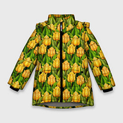 Куртка зимняя для девочки Желтые тюльпаны паттерн, цвет: 3D-светло-серый