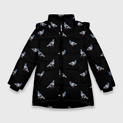 Куртка зимняя для девочки Голуби на черном паттерн, цвет: 3D-черный