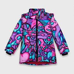 Зимняя куртка для девочки Яркая абстракция голубой и розовый фон