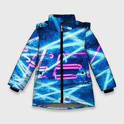 Куртка зимняя для девочки Неоновые лучи и буквы - Голубой, цвет: 3D-светло-серый