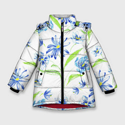 Куртка зимняя для девочки Цветы Синие Нарисованные Карандашами, цвет: 3D-красный