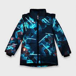 Куртка зимняя для девочки Неоновые фигуры с лазерами - Голубой, цвет: 3D-черный