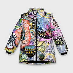 Куртка зимняя для девочки Подводный цветочно коралловый мир, цвет: 3D-черный