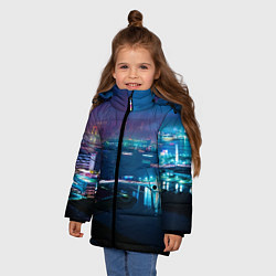 Куртка зимняя для девочки Неоновый город и мост - Синий, цвет: 3D-черный — фото 2