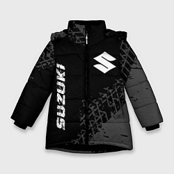 Куртка зимняя для девочки Suzuki Speed на темном фоне со следами шин, цвет: 3D-черный