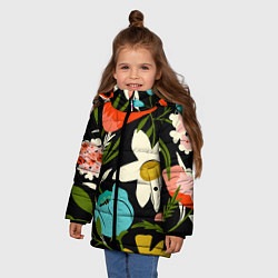 Куртка зимняя для девочки Яркие цветы на фоне тёмной летней ночи, цвет: 3D-черный — фото 2