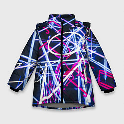 Куртка зимняя для девочки Неоновые хаотичные линии и буквы - Синий, цвет: 3D-светло-серый