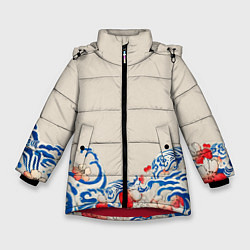 Куртка зимняя для девочки Японский орнамент волн, цвет: 3D-красный