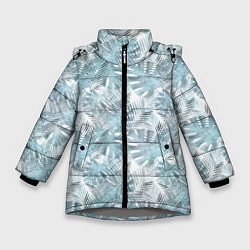 Куртка зимняя для девочки Голубые листья пальмы на белом, цвет: 3D-светло-серый