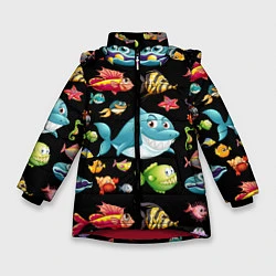 Куртка зимняя для девочки Прикольная акула и другие жители океана, цвет: 3D-красный