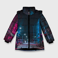 Куртка зимняя для девочки Неоновая пустая улица города - Синий, цвет: 3D-черный