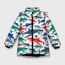 Зимняя куртка для девочки Стая разноцветных акул - паттерн