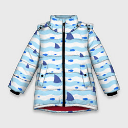 Куртка зимняя для девочки Волны, рыбки и плавники акул - паттерн, цвет: 3D-красный