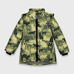 Куртка зимняя для девочки Кошачий камуфляж в зеленой гамме, цвет: 3D-светло-серый