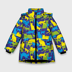 Куртка зимняя для девочки Синий кошачий камуфляж, цвет: 3D-черный