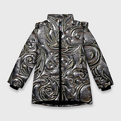 Куртка зимняя для девочки Растительный орнамент - чеканка по серебру, цвет: 3D-черный