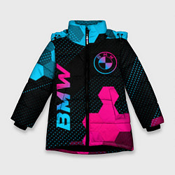 Куртка зимняя для девочки BMW - neon gradient: символ и надпись вертикально, цвет: 3D-черный