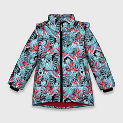 Куртка зимняя для девочки Голубые тропические листья и цветы, цвет: 3D-красный