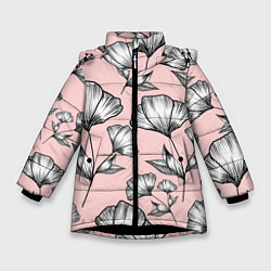 Куртка зимняя для девочки Графичные цветы на пудровом фоне, цвет: 3D-черный