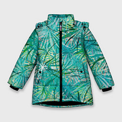 Куртка зимняя для девочки Тропические листья на зеленом фоне, цвет: 3D-черный