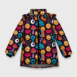 Куртка зимняя для девочки Психоделические эмодзи, цвет: 3D-светло-серый